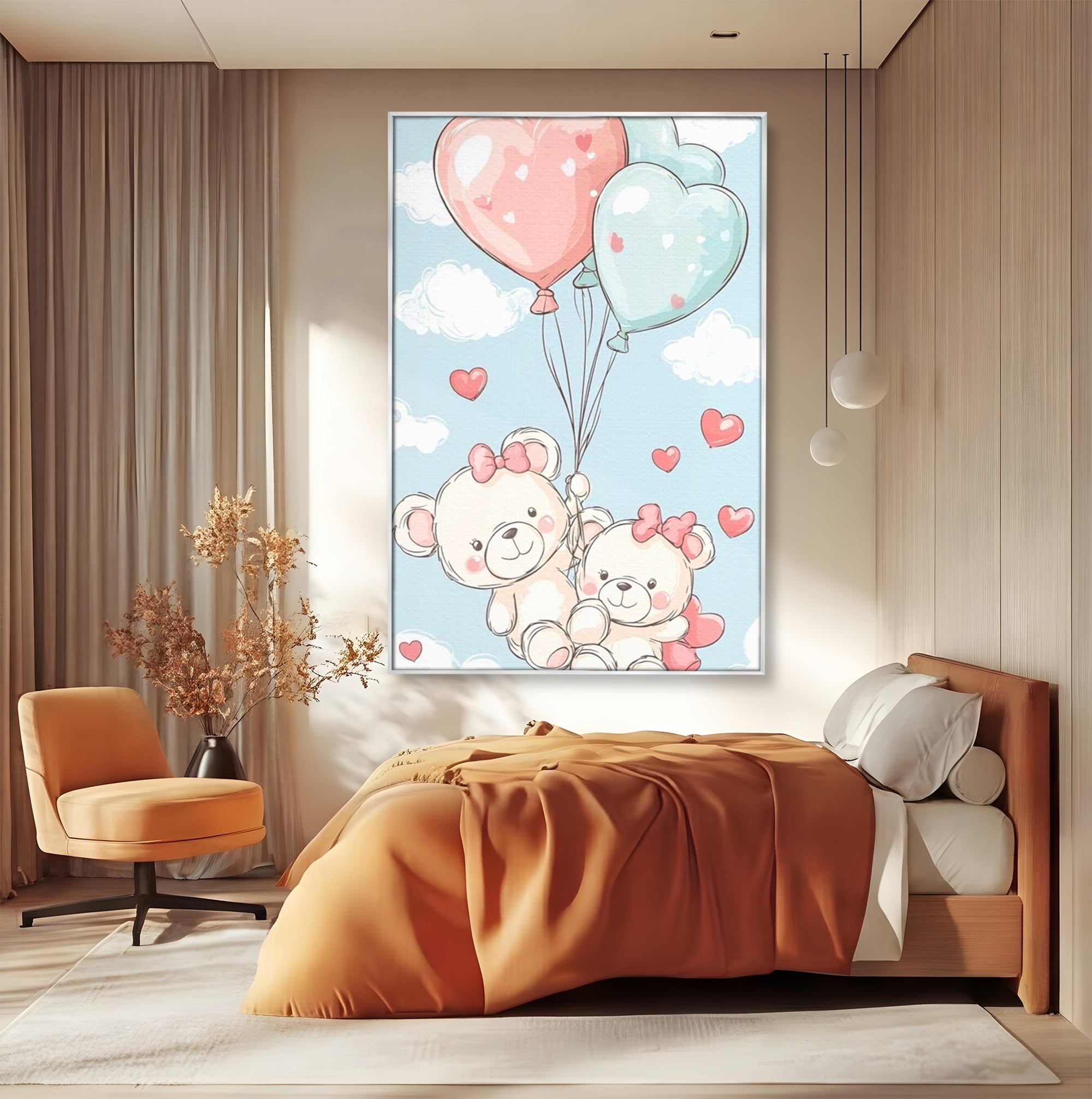 Tablou canvas cu ilustratie cu ursuleti zburand cu baloane, in rama de aluminiu argintiu, pe perete intr-un dormitor